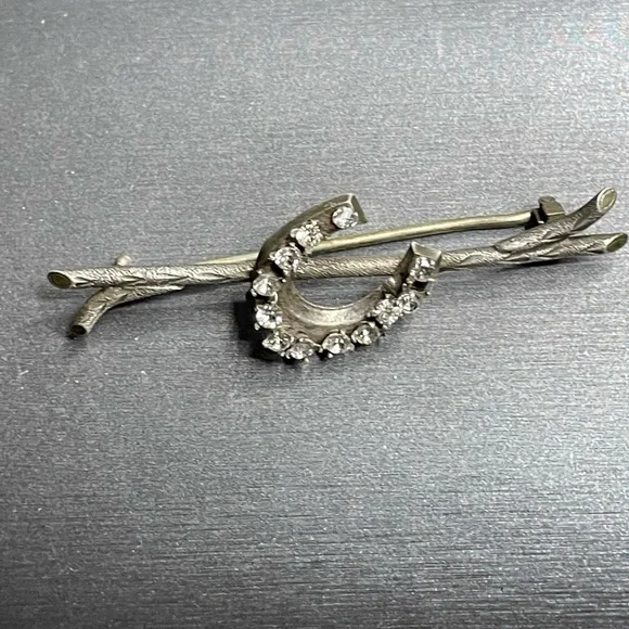 Silver Branch Lucky Horseshoe Antique Brooch White Rhinestones 800 Silver - Picture 7 of 12